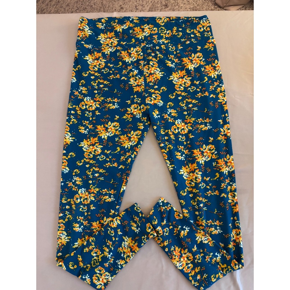 LuLaRoe Blue Floral Print Leggings High Waisted Soft Stretch Yoga Pants TC